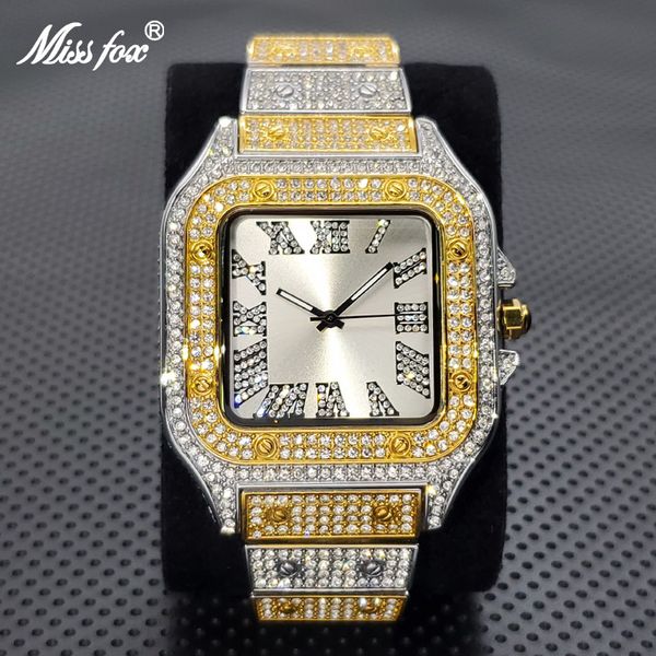 Relógios de pulso Drop Luxury Square Watch for Men Fashion Fashion Shiny Hip Hop Diamond Wristwatch Ice elegante e impermeabilizado Unstra Relógios finos 230506