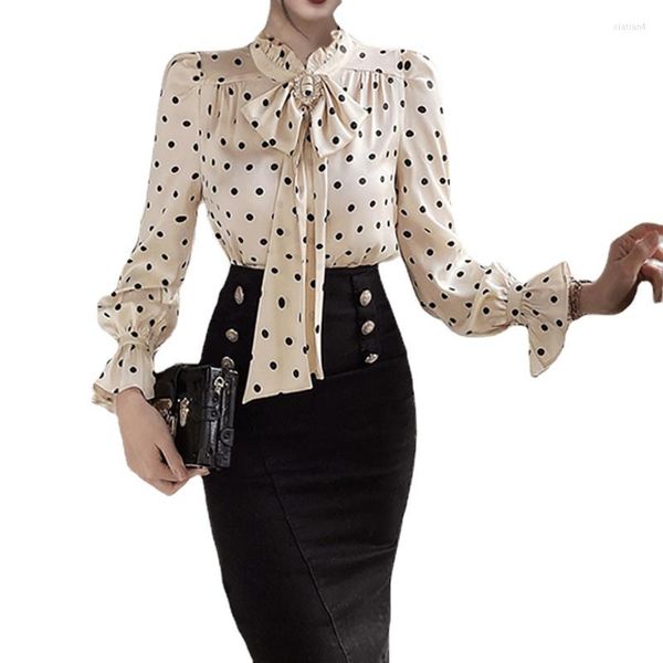 Blouses femininas 2023 Stand Stand Collar Bowtie Manga longa Plus Tamanho Mulheres Camisetas elegantes polka Dot Lady Lady Lady Blouse Tops