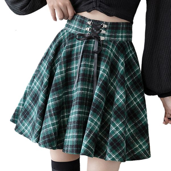 Röcke Gothic Punk Harajuku Damen Rock Plaid Print Lace Up Hip Hop Winter Lässig Grün Grau Rot Goth Plissee Woolen Skater Streetwear 230506