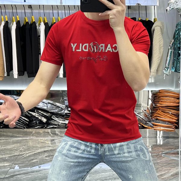 Camiseta masculina personalizada luxo diamante carta design vermelho masculino camisetas tendência de verão casual moda magro roupas homem topos