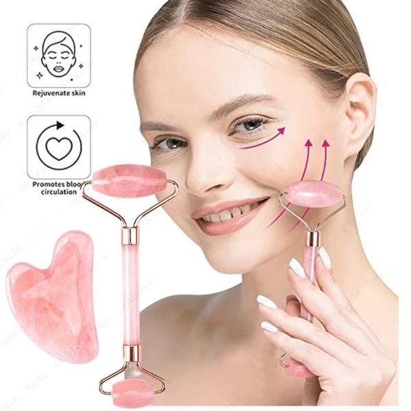 Massaggiatore per lifting facciale Rullo di cristallo Massaggio facciale Rilassamento Rullo di giada Pietra Quarzo rosa naturale Strumento di bellezza per la pelle Regalo per ragazza