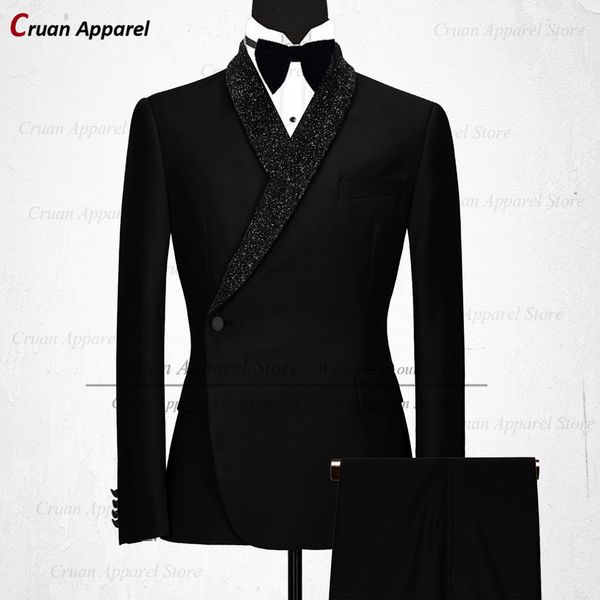 Erkek Suit Blazers Lüks Resmi Siyah Düğün Erkekler Set İnce Fit Sağdısmen Damat Smokin Beyaz Tasarımlar Parlak Şal Yüzü Blazer Pantolon 2PCS 230506