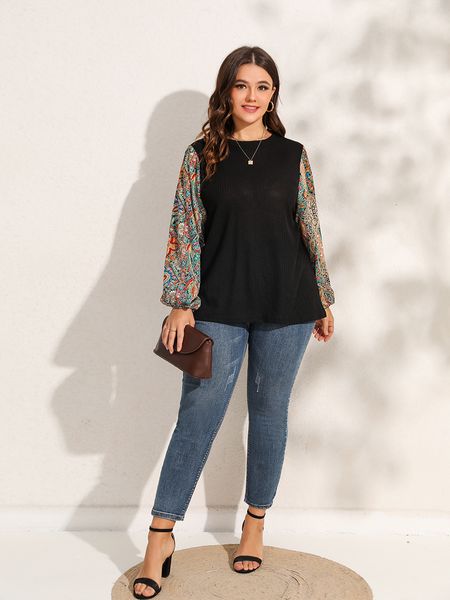 Damen Plus Size TShirt Finjani Lantern Sleeve Tee Paisley Print Textured Tops Herbst Kleidung 230506