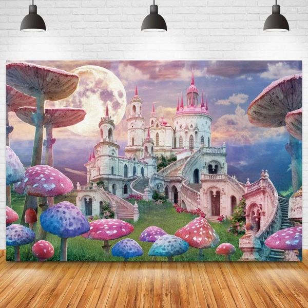 Decorazione per feste Fantasy Castle Birthday Banner Background Colorful Mushroom Landscape Baby Shower Po Fondali per poster personalizzati