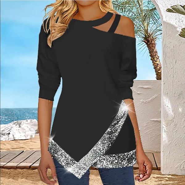 Camicette da donna Camicetta da donna Hollow Top da donna Senza spalline Orlo irregolare Paillettes lucide T-shirt da ragazza Manica lunga Moda casual