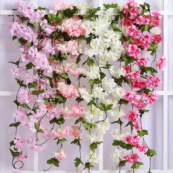 Dekoratif çiçekler 230cm yapay kiraz çiçekleri asılı rattan çelenk çelenk sahte çiçek bitkisi asma yaprağı ev partisi dekorasyon