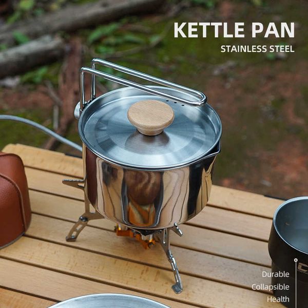 Cozinha de acampamento 1l chaleira de acampamento Multifuncional ao ar livre 304 Kettle de aço inoxidável montanhismo portátil Cafetle Pot dobrável Camping Tea Pote P230506