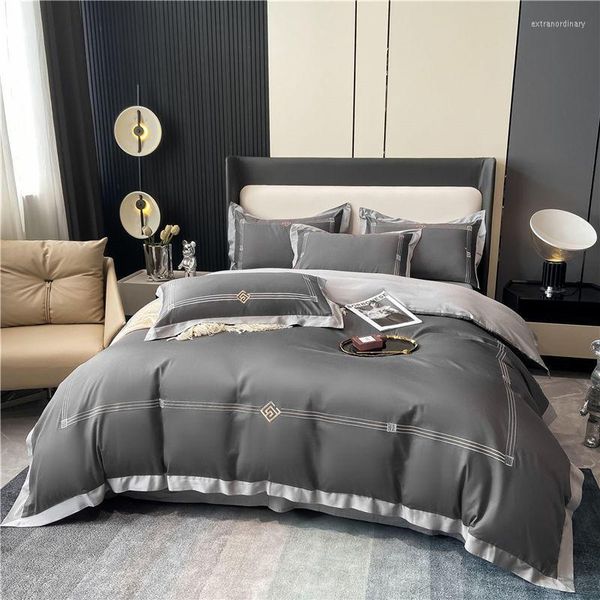 Conjuntos de cama Conjunto de bordado cinza Capinho de algodão egípcio Luxury Solid Solid Color Duvet Flata/Filmes de Cama Coloque Brophases