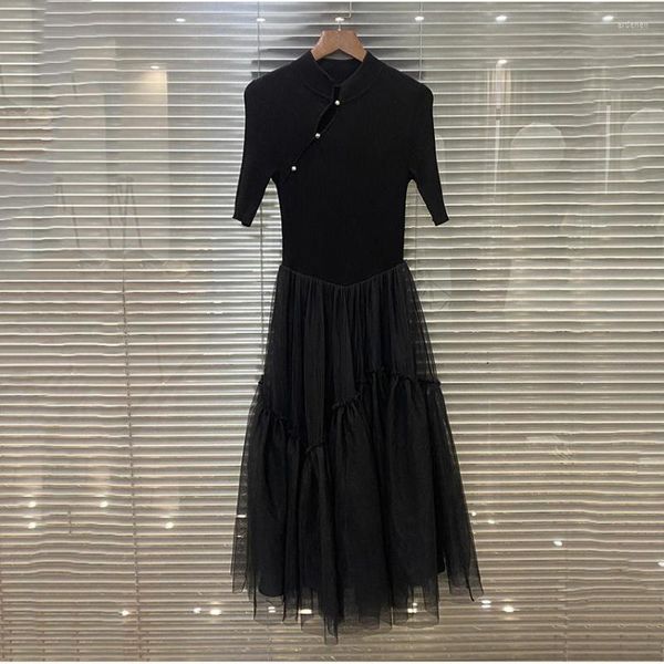 Freizeitkleider Classic Black Slant Placket Slim Knitted Spell Mesh Dress Short-sleeved Long Paragraph Cake Female 2023 Summer
