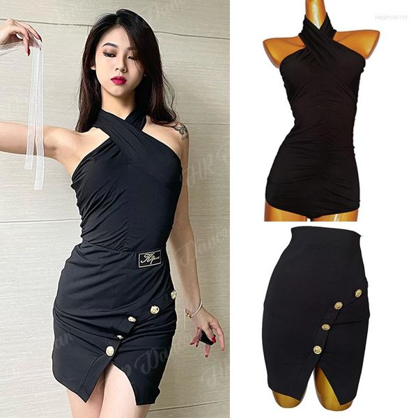 Bühnenabnutzung Sommer Latin Dance Kleidung Frauen Schwarz Bodysuit Rock Übungsanzug Rumba Samba Cha Kleid Sexy Salsa Kostüm DNV16691