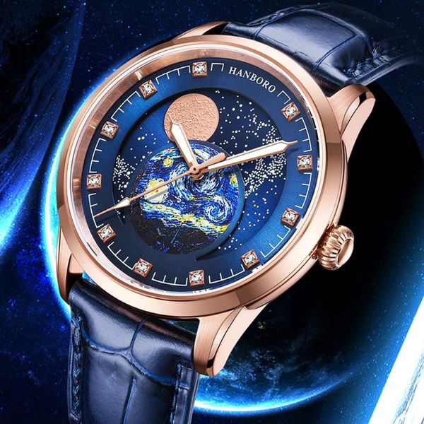 Armbanduhren Mondphasenuhr Automatik Herren Sternenhimmel Zifferblatt Luxus Selbstaufzug Mechanisch HANBORO Uhren Para Hombre 2023Armbanduhren