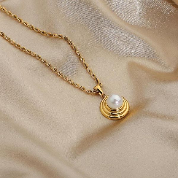 Anhänger Halsketten Französisch Runde Reifen Muster Perlenkette Für Frauen Geschenk Vergoldung Edelstahl Neckalces