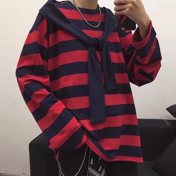 T-shirt da uomo Trendy Fashion Punk Uomo Harajuku T-shirt a righe rosse nere Maschile Camicia oversize oversize manica lunga O-Collo Top Summer Boys Tees