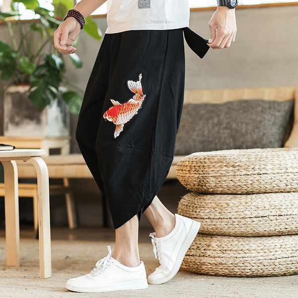 Shorts masculinos verão homens carpa bordado jogger calças estilo japonês algodão harajuku harem juventude casual masculino traje 230506