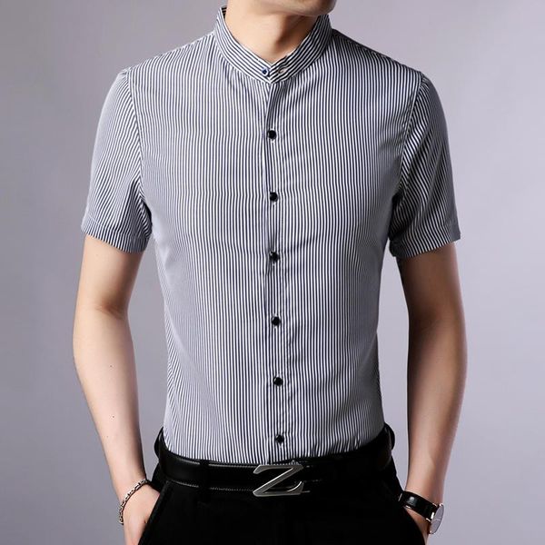 Männer Casual Shirts Fit 2023 Sommer Marke Schlank Männer Stehkragen Koreanisch Kurzarm Gestreift Mode Herren Designer KleidungMänner
