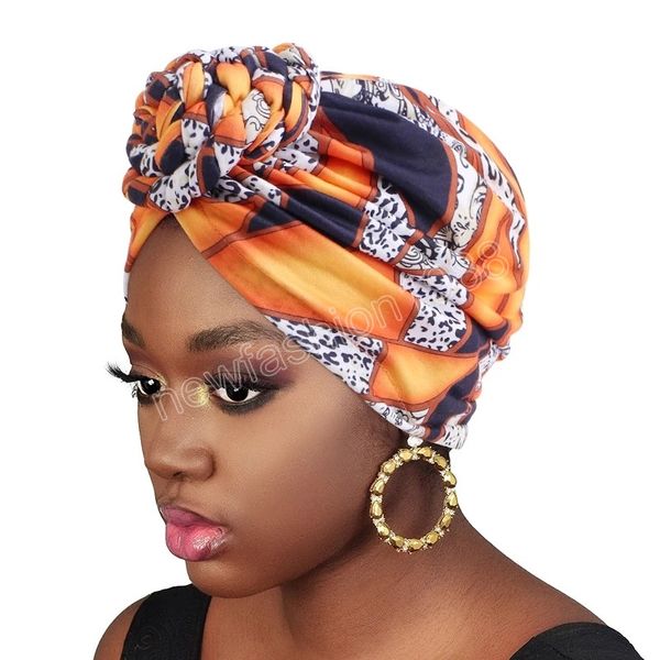 Hat de turbante muçulmano Africano Twist Knot Flor Print India Hat chapé a cabeça capa de capô de cabeceira de quimioterapia Bandana Bandanas acessórios para cabelo