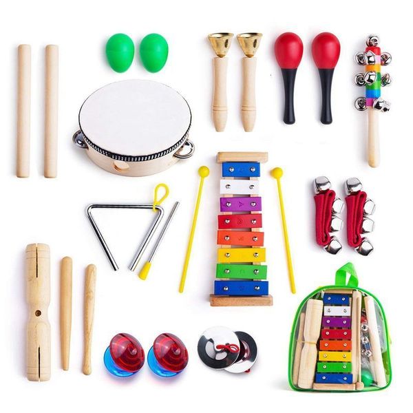 Drums Percussion Musical Instruments para criança com bolsa de transporte 12 em 1 Music Toy Conjunto infantil ritmo de xilofone Tambourin 230506