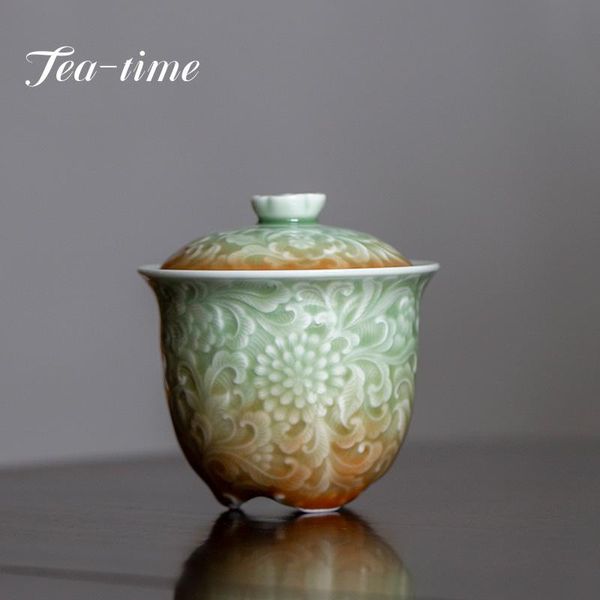 Чайная посуда Ретро в китайском стиле Селадон Резной цветок Рельеф Керамическая чайная супница Гайвань Чайный сервиз кунг-фу Бытовая чайная чашка Одиночная чайная чаша