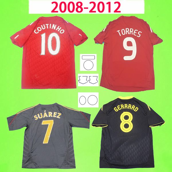 Liverpool 2008 2009 2011 2012 2012 Futbol Formaları Retro 08 09 10 11 12 Vintage Futbol Gömlekleri Klasik Ev Uzak Kırmızı Siyah Gerrard Torres Coutinho Suarez S-2XL En İyi Kalite