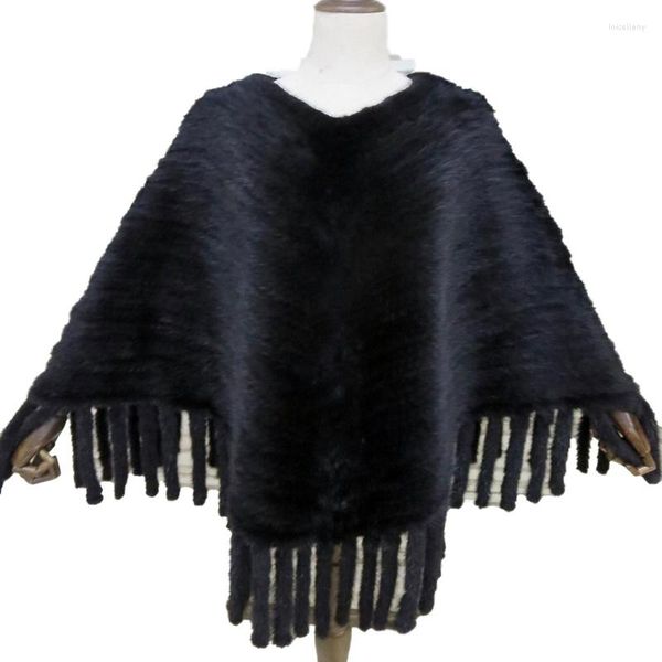 Sciarpe Avvolgenti in pelliccia lavorata a maglia di lusso da donna Poncho in vero visone Cappotto con nappe con scollo a V femminile Cappotto nero