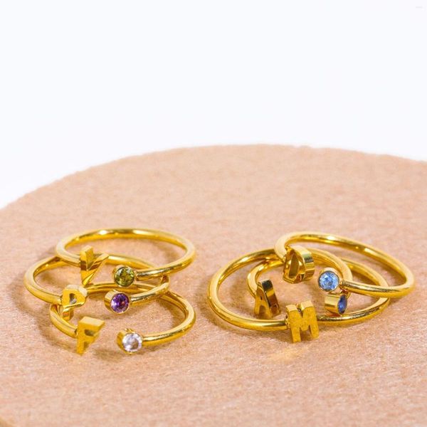 Anéis de casamento Anel de letra inicial de aço inoxidável A-Z para mulheres banhadas de ouro colorido de zircão birthstone casal jóias presentes