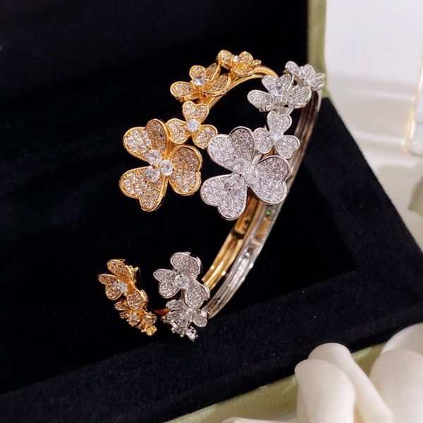 Bangle Famous Brand Gold Rose Silver Color Luxury Crystal Zircon Clover Bracelets for Women Jóias de alta moda 230506