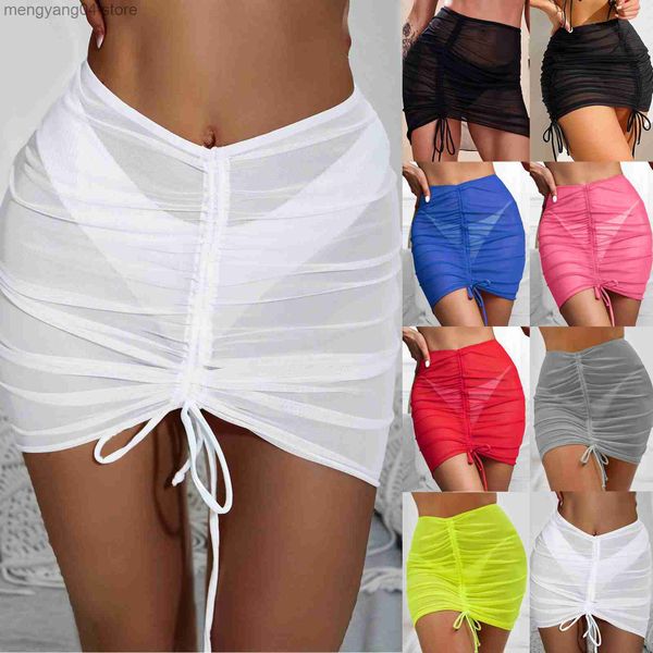 Saias Sexy Mulheres Solid Pareo Beach Biquíni Coverning Up Wrap saia Sarong Beachwear Mish Drawstring Cover Up Skirt DropShipp Tropshipp T230506