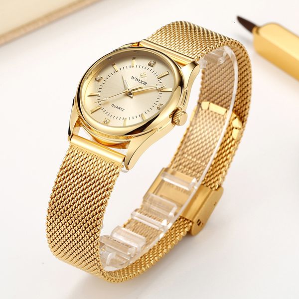 Relógios femininos wwoor Luxury Brand Dress Gold Gold Watch Ladies Elegant Diamond Small Quartz Wrist for Women Steel Mesh Clock Zegarek Damski 230506
