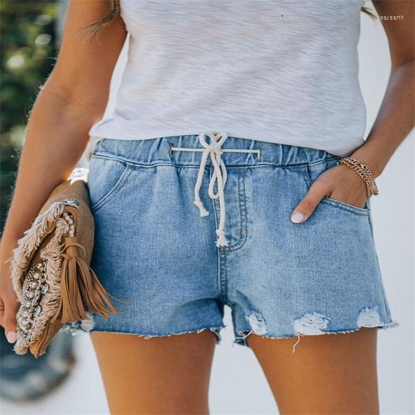 Damen Jeans Sommer Damen Vintage Zerrissene Shorts Schnürung Stickerei Lose Lässig Elastische Taille Denim Weiß Schwarz Blau