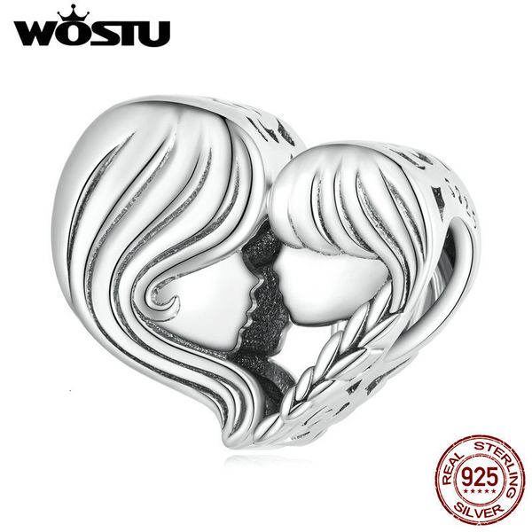 Charms Wostu 925 Sterling Silver Heart Shape Mom Filha Love Charms Pingente Fit Fit Original Bracelet Diy Colar Jóias da família 230506