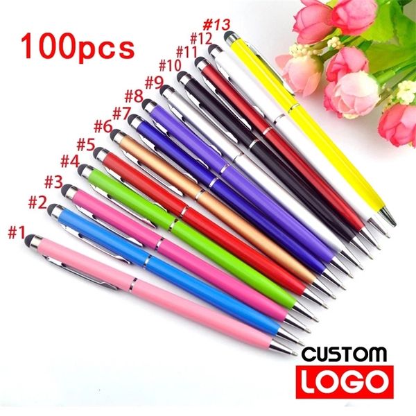 Ballpoint Pens 100 ручек каждой пачки Мини -метал 2IN1 Stylus Universal BallPoint Pen Text Гравю