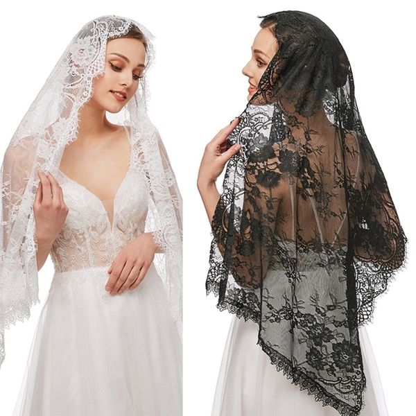 Gioielli per capelli da sposa Mantiglia di pizzo Velo cattolico Elegante motivo floreale Morbido e confortevole Copricapo per le donne Veli di massa latini Dropship 230506