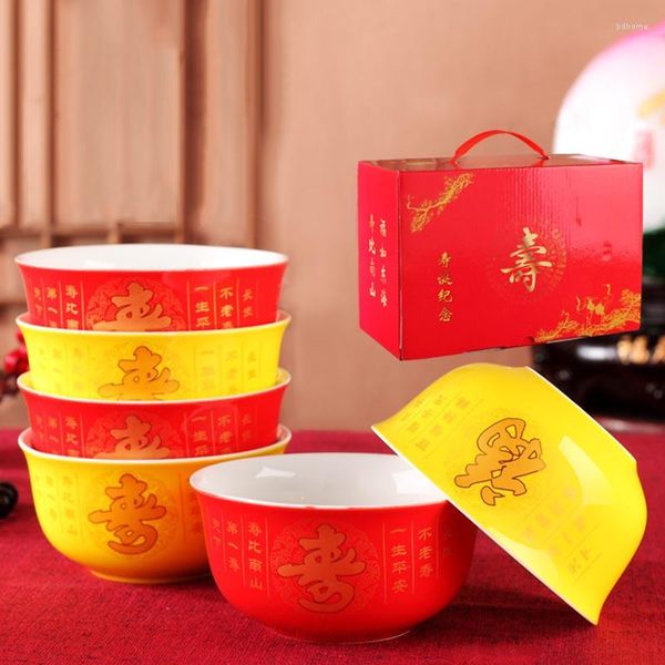 Tigelas 6pcs/lot tigela Rice cerâmica Jingdezhen Porcelana Dinnerware Auspicious Tableware Birthday Noodles Home Supplies Home Supplies