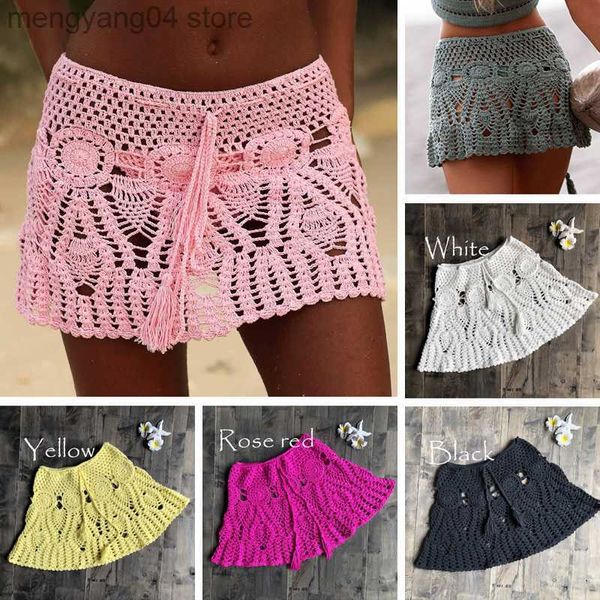 Gonne New Sexy Crochet Nappa Gonna da spiaggia Costume da bagno in cotone Gonna fusa Casual Beach Running Lace See Through Slim Mini Gonne T230506