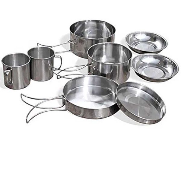 Camp Kitchen 8Pcs / set Ultra-light Outdoor Picnic Pot Pan Kit in acciaio inossidabile Campeggio esterno Escursionismo Mini Pentole Ciotola Copri tazza Set da cucina P230506