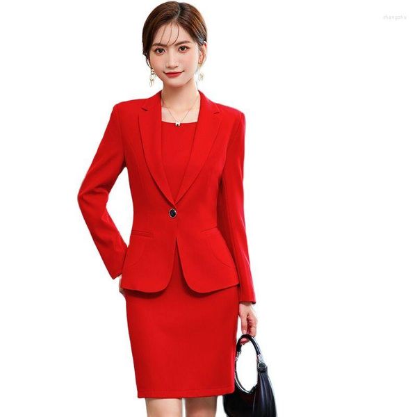 Arbeitskleider Damen Büro Mode Uniform Styles Business Anzüge mit Kleid und Jacken Mantel für Frauen tragen Herbst Winter Blazer Set