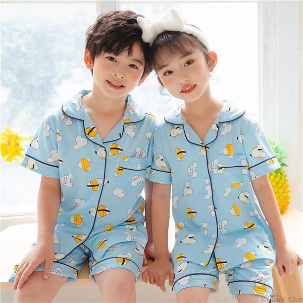 Pigiama 2023 Summer Blue Cartoon Print for Children Child Girl Costum Babi Clothes Boy Sleepwear Abbigliamento per bambini Suit Girls 230505