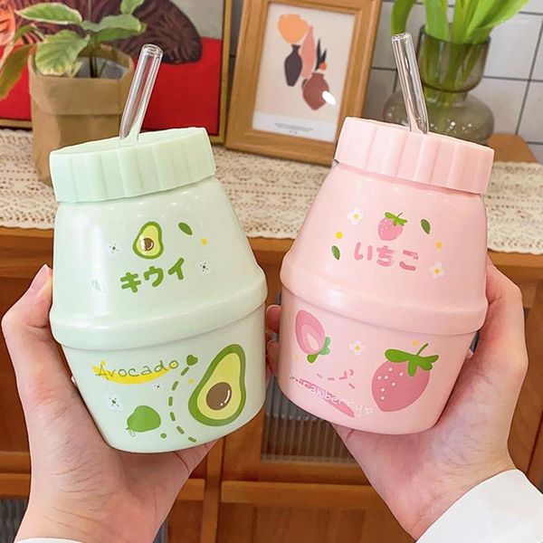 Canecas Frutas fofas Cerâmica Kawaii Strawberry Peach Copo com tampa de palha de palha café leite café