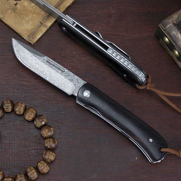 Promozione A1965 Coltello pieghevole con cuscinetto a sfera Acciaio di Damasco Lama a goccia Manico in ebano Campeggio esterno Escursionismo Pesca Coltelli tascabili EDC