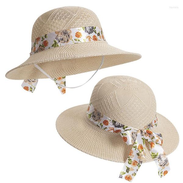 Cappelli a tesa larga Cappello di paglia fatto a mano della Boemia per donna Grande pieghevole Sun Flower Nastro Eleganza Ladies Summer Beach Holiday Sombreros