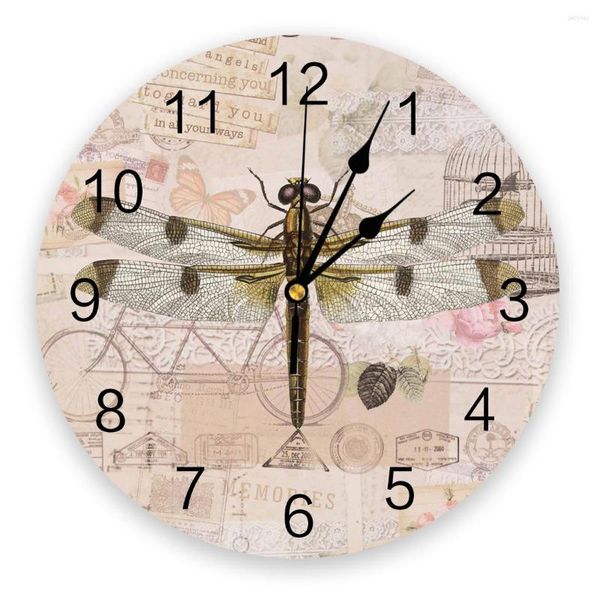 Orologi da parete Animale Libellula Retro Elegante Stampa Rotonda Orologio al quarzo Operato Scrivania silenziosa per la decorazione della scuola dell'home office