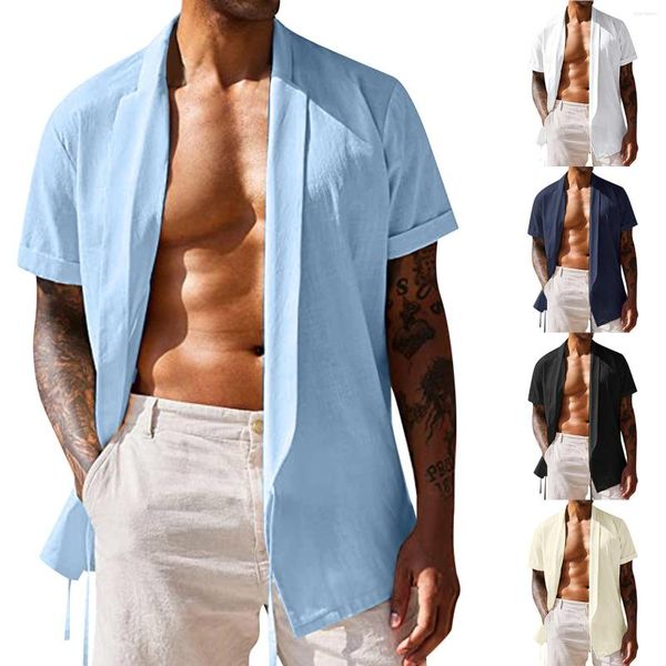 Erkekler Sıradan Gömlekler Erkek Yaz Düz Renkli Dantel Keten Kısa Kollu Gömlek Hardigan Kore Tatil Düğmesi Plaj Erkek Giysileri