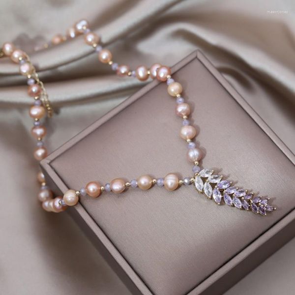 Collane a ciondolo Gioielli moda Gioielli Pink Acqua d'acqua dolce Pearl Zircone Collana grano Elegante Accessori per feste di colletto sexy