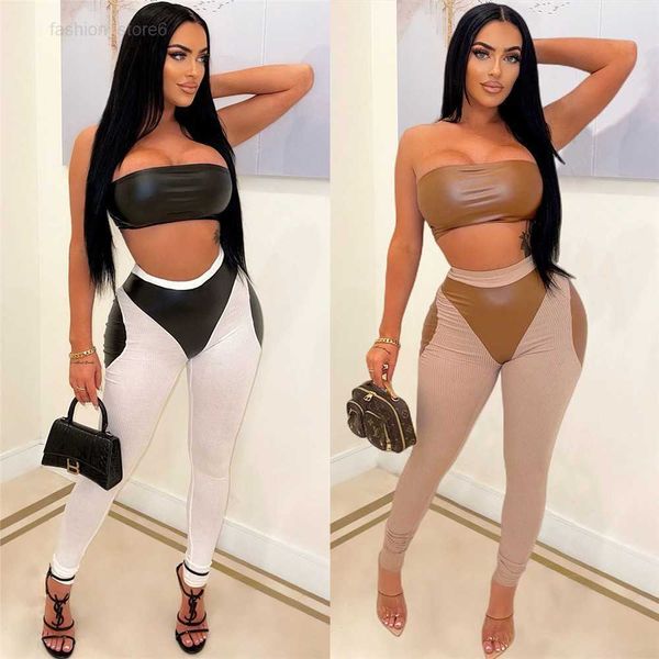 Designer de verão roupas de couro mulheres tracksuits dois conjuntos de peças moda pu strapless tank top calças combinando sweatsuits casual sportswear atacado