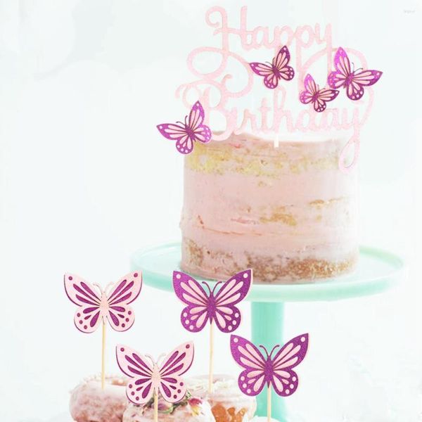 Festliche Lieferungen Rosa Lila Schmetterling Kuchen Topper Alles Gute zum Geburtstag Party Dekoration Babyparty Mädchen Hochzeit Braut Dessert Cupcake Flagge