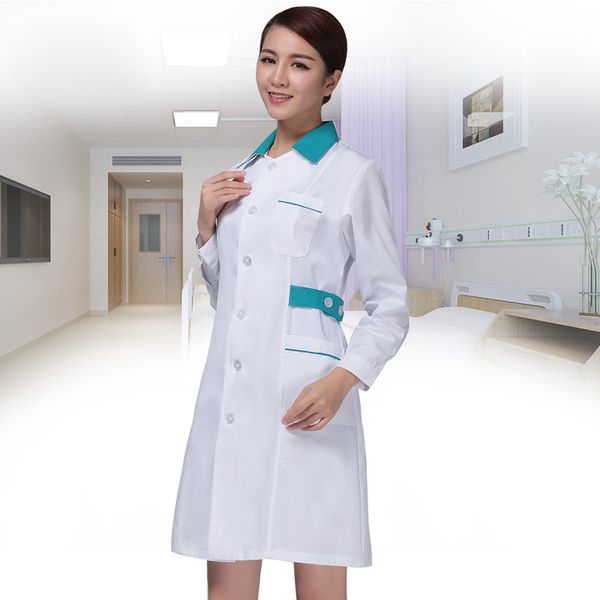 Outono e inverno espessamento manga longa roupas de enfermeira feminino branco com gola verde casaco hospital vestuário uniforme de trabalho médico