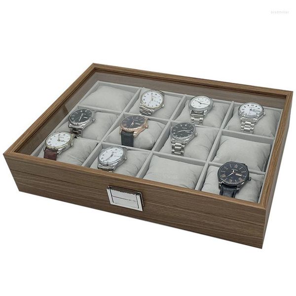 Caixas de relógio Caixa 12 Slots Organizador para homens Walnut Wooden Storage Display Caso de vidro de algodão de algodão de seda
