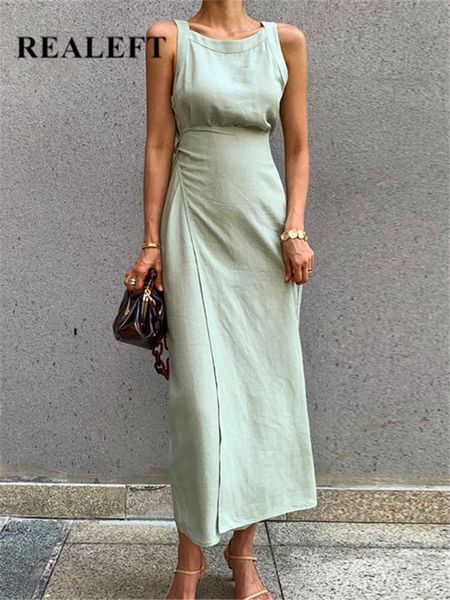Lässige Kleider REALEFT Lange Kleider der neuen Sommer-Baumwollleinen-Frauen-Weinlese schnüren sich oben Maxi-Kleid-Schärpen ärmellose weibliche Behälter-Strand-Kleider Z0506