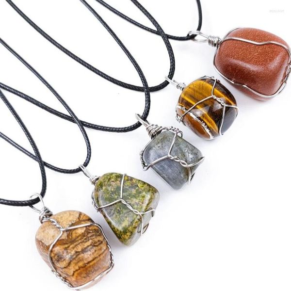 Anhänger Halsketten versilbert Wire Wrap unregelmäßige Form viele Farben Quarz Stein Seil Kette Halskette trendiger Schmuck