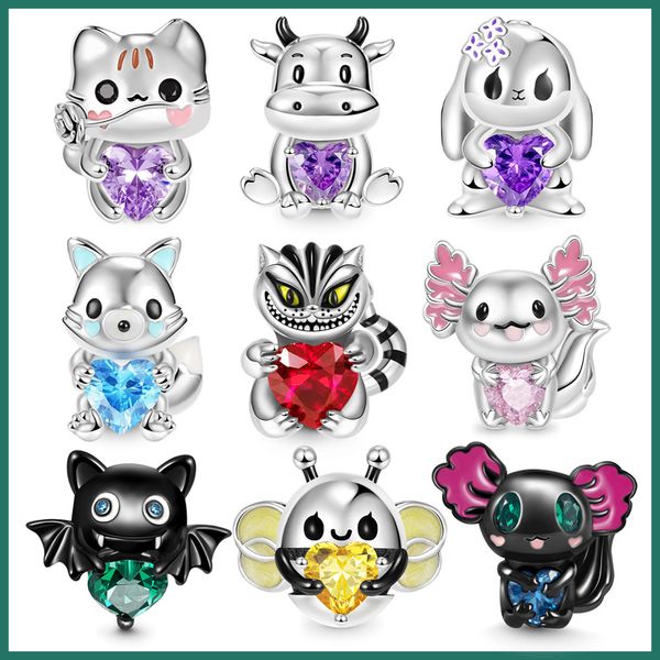 925 Silver Fit Pandora Charm 3D Cat, Newt, Fox Ártico, Gravura de Coração Abraçando Beaded Cartoon Animais de Defesa Dangle Fashion Charms Set